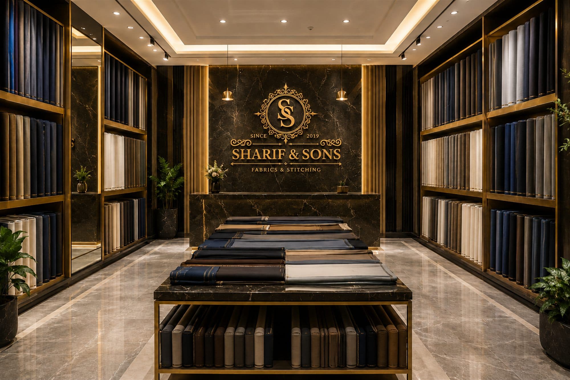 Sharif & Sons premium fabric showroom, gold-trimmed shelves of fabric bolts on both sides with a marble branded signage wall reading Sharif & Sons Fabrics & Stitching, since 2019